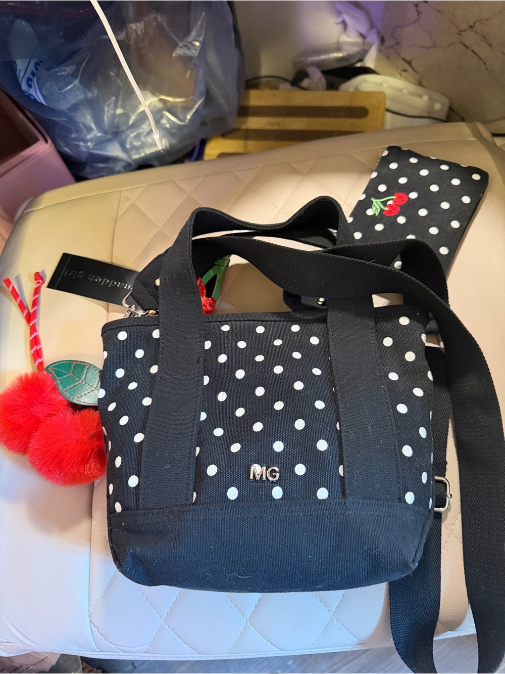 Madden Girl Black Polka Dot Crossbody Bag with wristlet & Cherry Charm too!